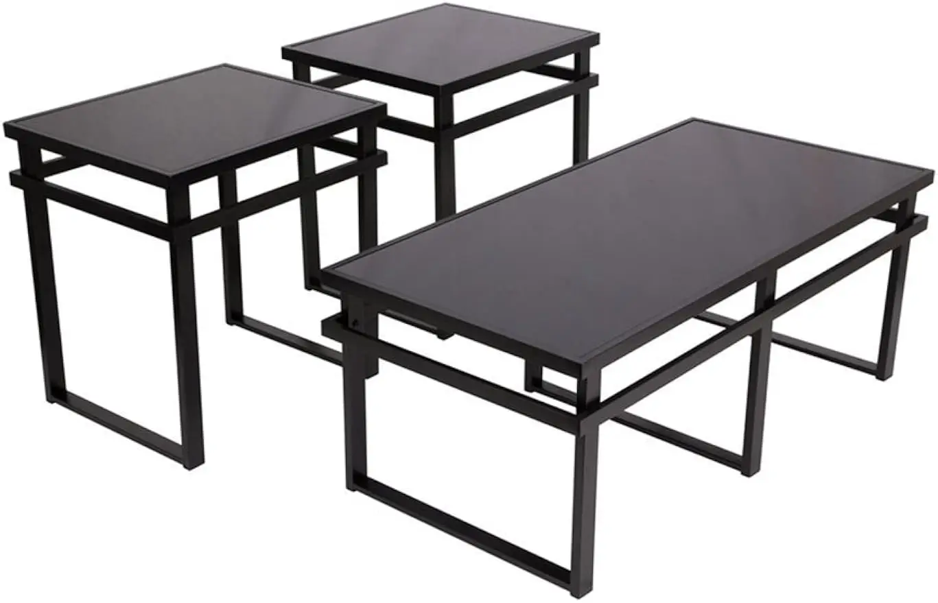 

Laney Contemporary Rectangular 3-Piece Table Set, Includes Coffee Table and 2 End Tables, Made of Glass and Metal,Black