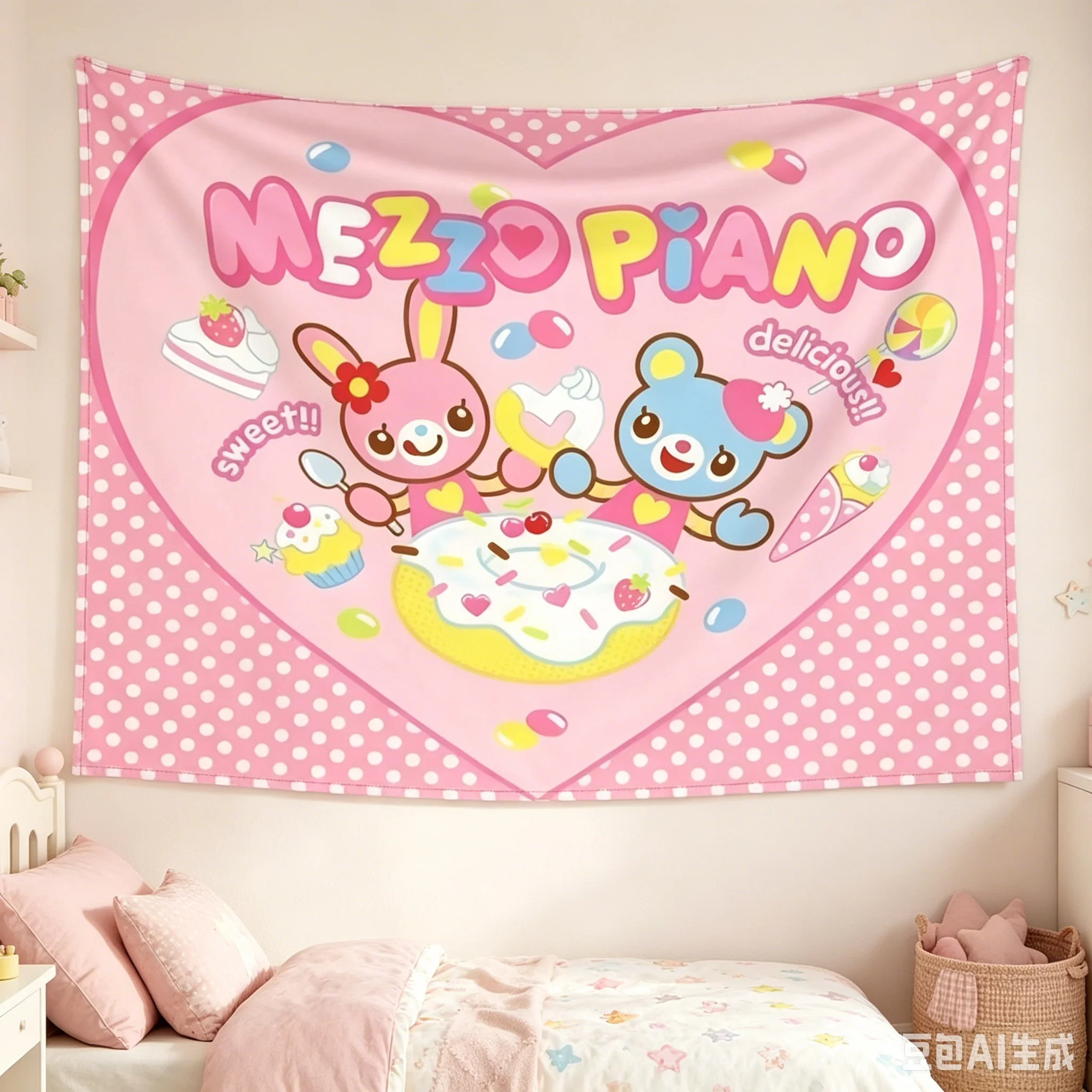 1 Stück Kawaii Wandbehang, Premium-Polyester 2D-Flachdruck, Pastellfarbener Dekorativer Wandteppich für Schlafzimmer & Kinderzimmer, Geschenk für Kawaii-Liebhaber