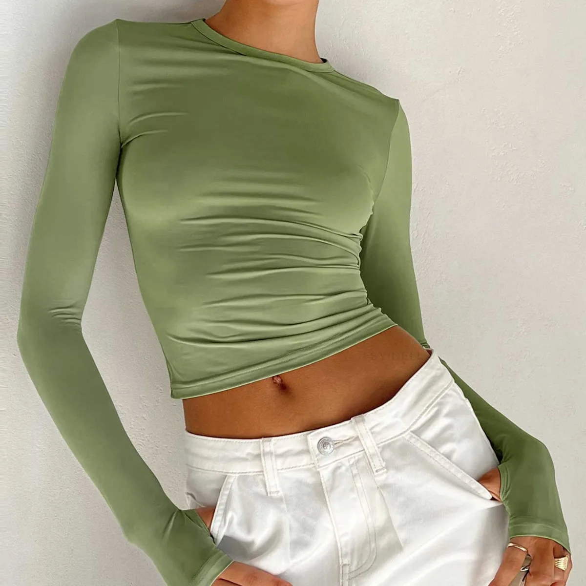 

Casual Joker new top solid color round neck bottoming shirt slim navel temperament long sleeve T-shirt female
