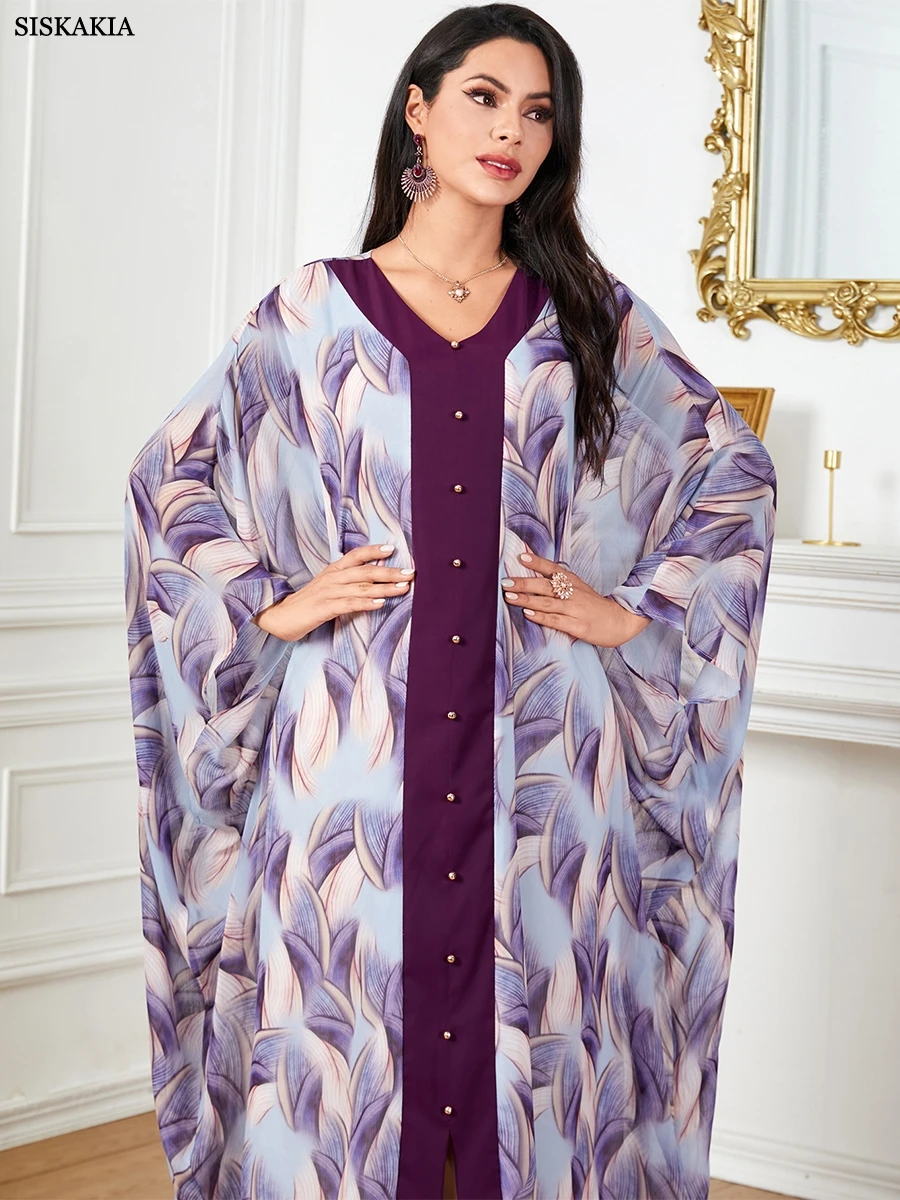 Siskakia Long Dress With Beading Floral Print Muslim Dresses With Batwing Sleeve Crew-Neck Dubai Turkey Arab Elegant Loose Cloth