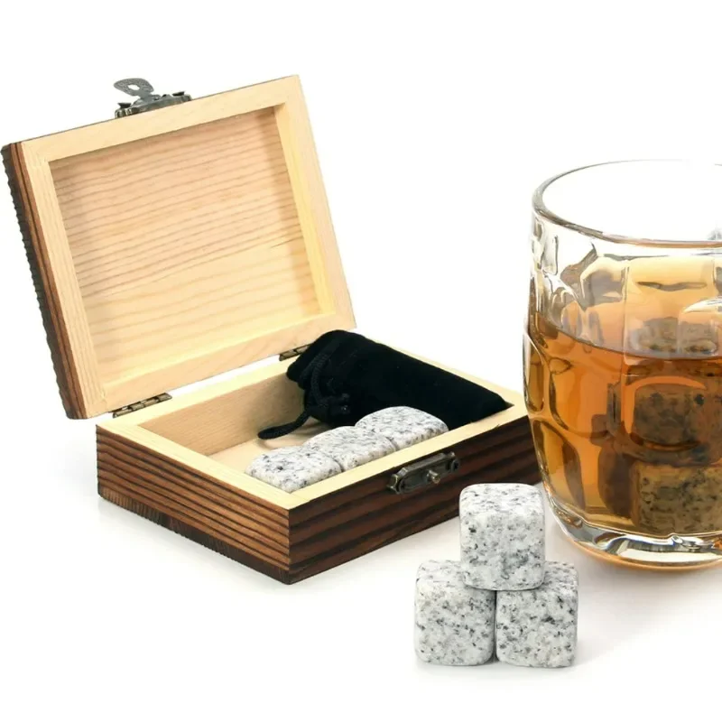 Home Bar Barware Whiskey Ice Wine Stone Sets 9pcs Granite Marble Iced Drink Stone Reusable Cooling Ice Cube with Wooden Box Gift