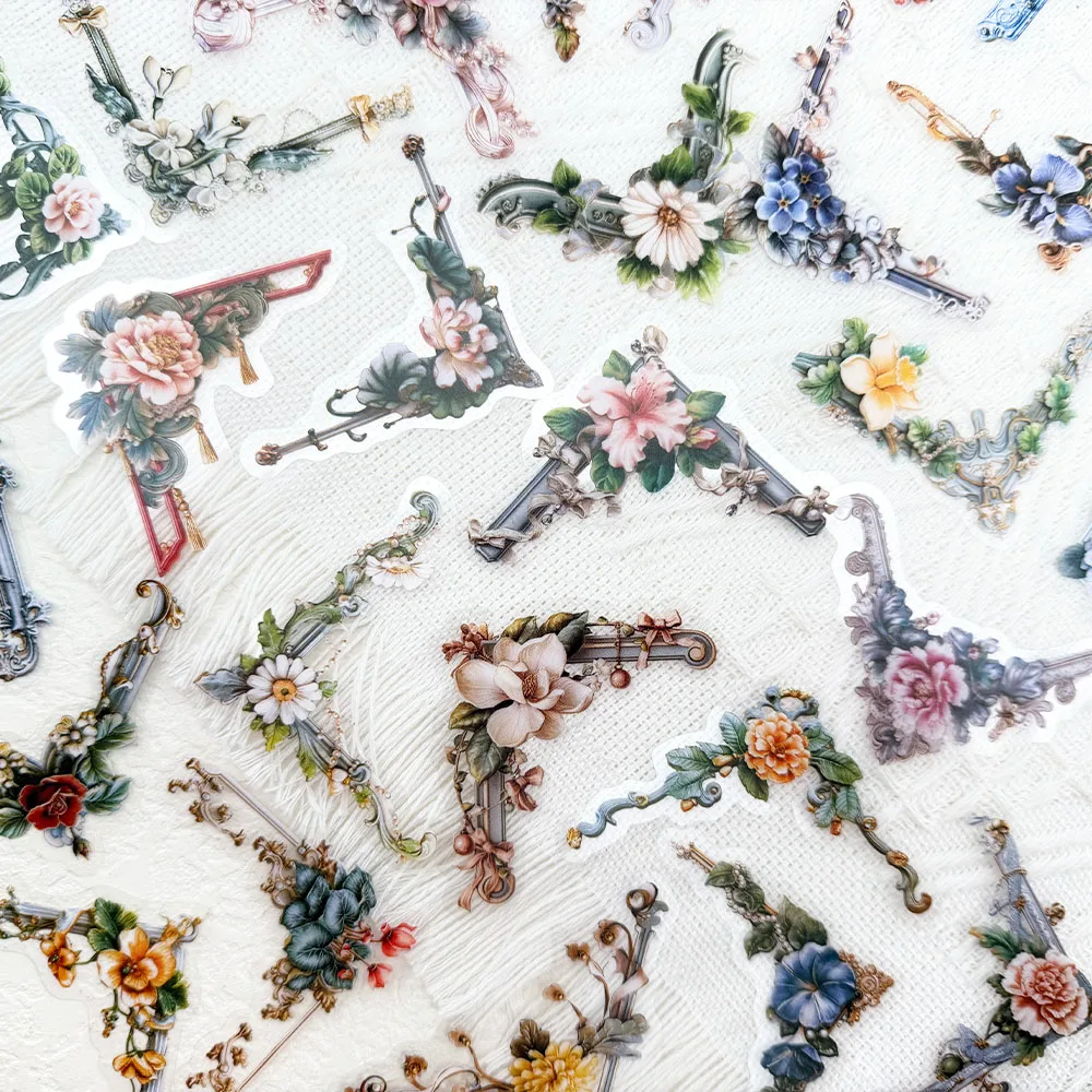 50 stücke Retro Blume Rahmen PET Aufkleber Aufkleber Für Telefon Laptop Notebook Kühlschrank Gitarre DIY Ästhetische Transparente Aufkleber – Detail 11