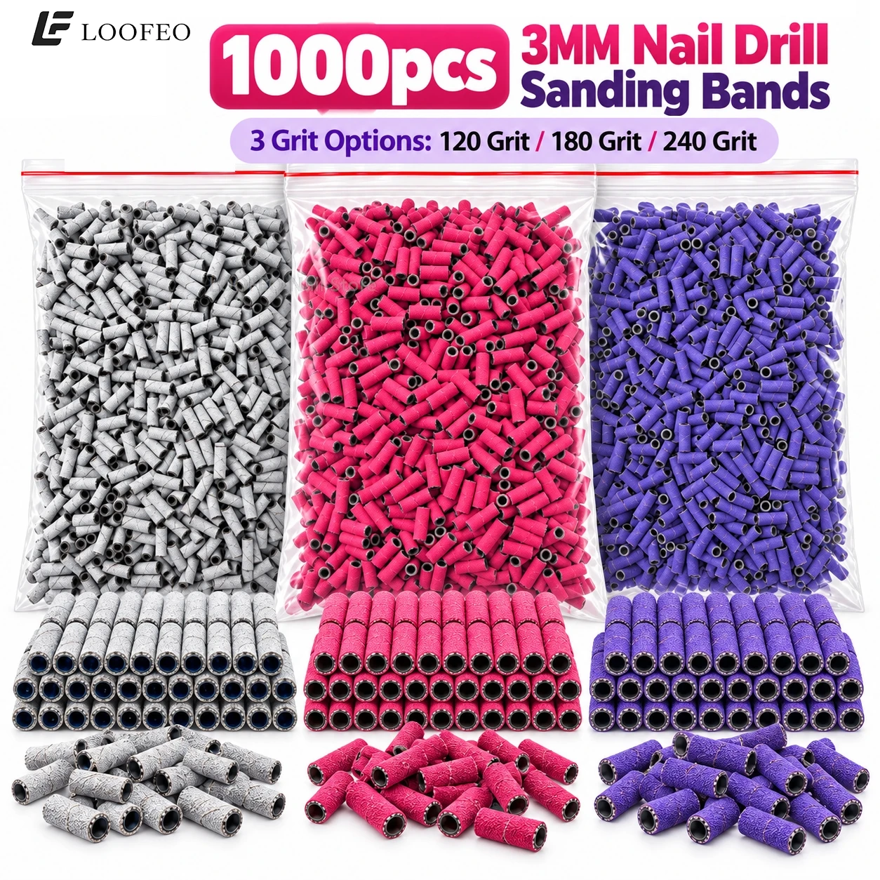 1000PCS 3MM Mini Nail Drill Sanding Bands for Manicure 120/180/240 Grit Small Abrasive Sanding Sleeves for Electric Nail File