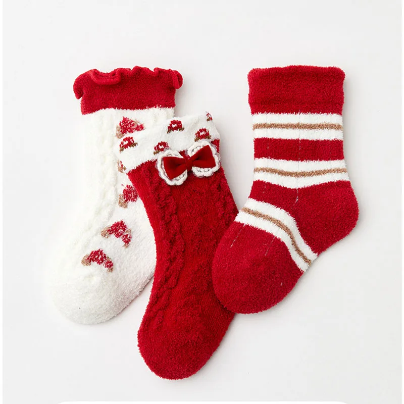 

3 пары зимних детских носков от 0 до 3 лет с цветными блоками и бантом для маленьких девочек, носки-трубочки, утепленные носки в корейскую полоску для новорожденных