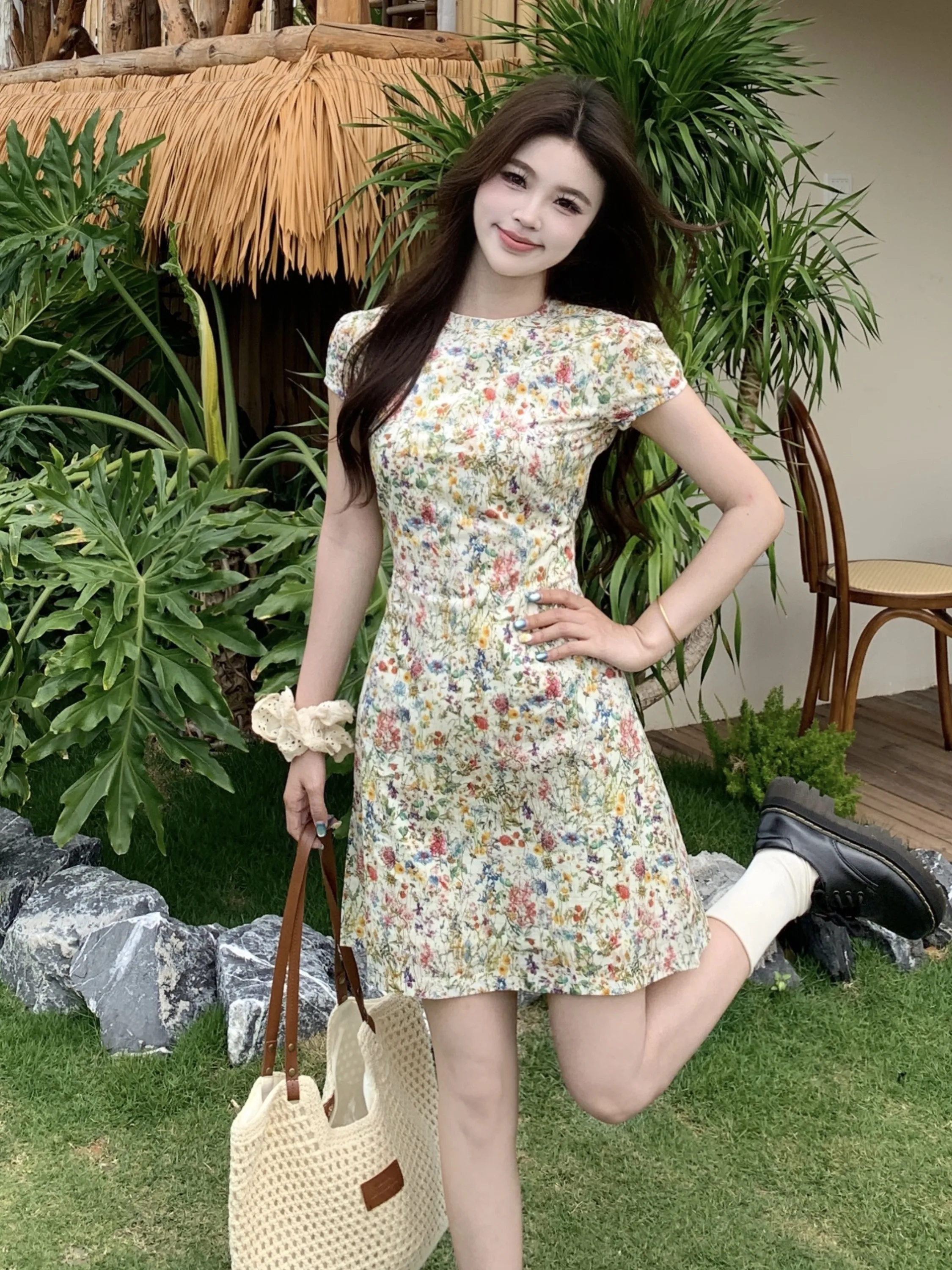 

Slimming plus Size Summer New Style round Neckline Waist Cinched Floral Print Versatile Dress Women's Fashion Casual A-Line S...