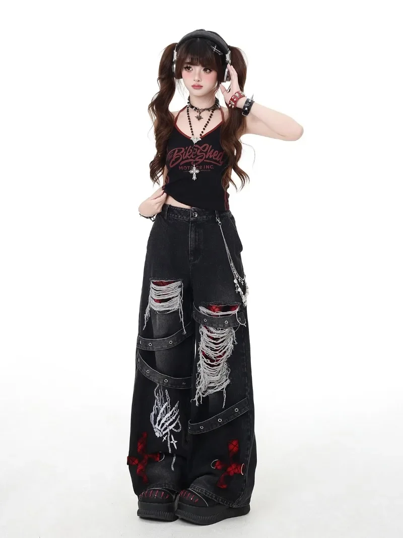 Original Design Fashion Punk Ripped Retro Old Washed Jeans Spring And Summer Wide Leg Denim Pants Women's Pantalones De Mujer