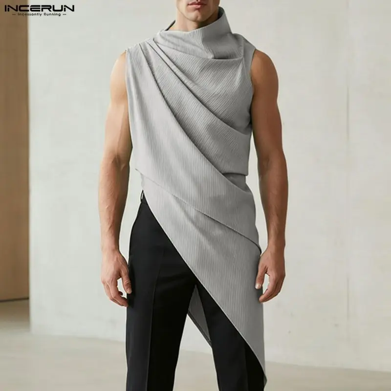 INCERUN Men Striped Tank Tops Turtleneck Sleeveless Pleated Male Vests Streetwear 2026 Fashion Casual Men Clothes Irregular Tops