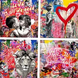 Banksy Artwork Graffiti Pop Wall Art Drean Big Dreams Diamond Painting DIY Full Drill Mosaic Embroidery Two Little Kids Kissing