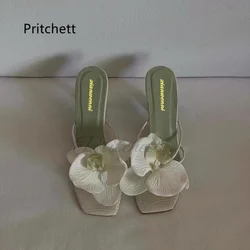 Flower Decorative High Heels Sandals Slippers for Women Summer New Square Open Toe Slippers Sweet Girls Outwear Beach Shoes