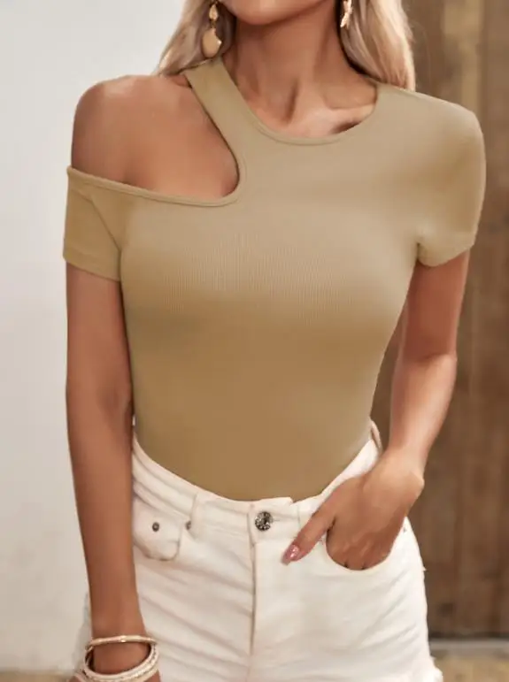 

Top Women 2026 Spring Summer New Solid Color Round Neck Off Shoulder Short Sleeve Slim Fit Daily Casual Basic T-Shirt Top