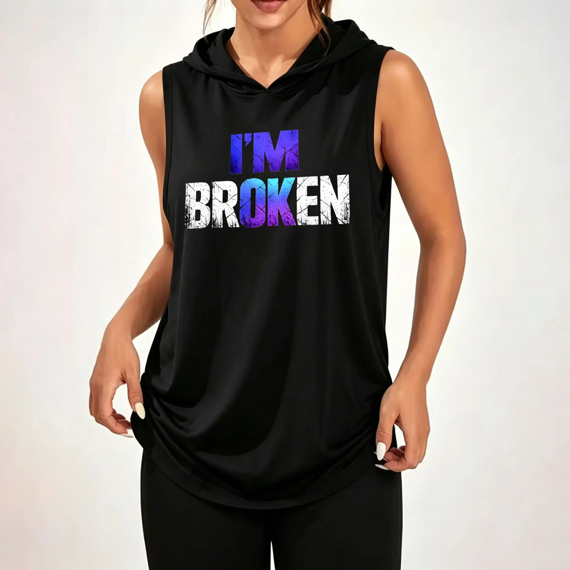 Women's Sleeveless Hoodie, I'm Broken Gradient Cracked Distressed Letter Graphic Print Casual Hooded Tank Top