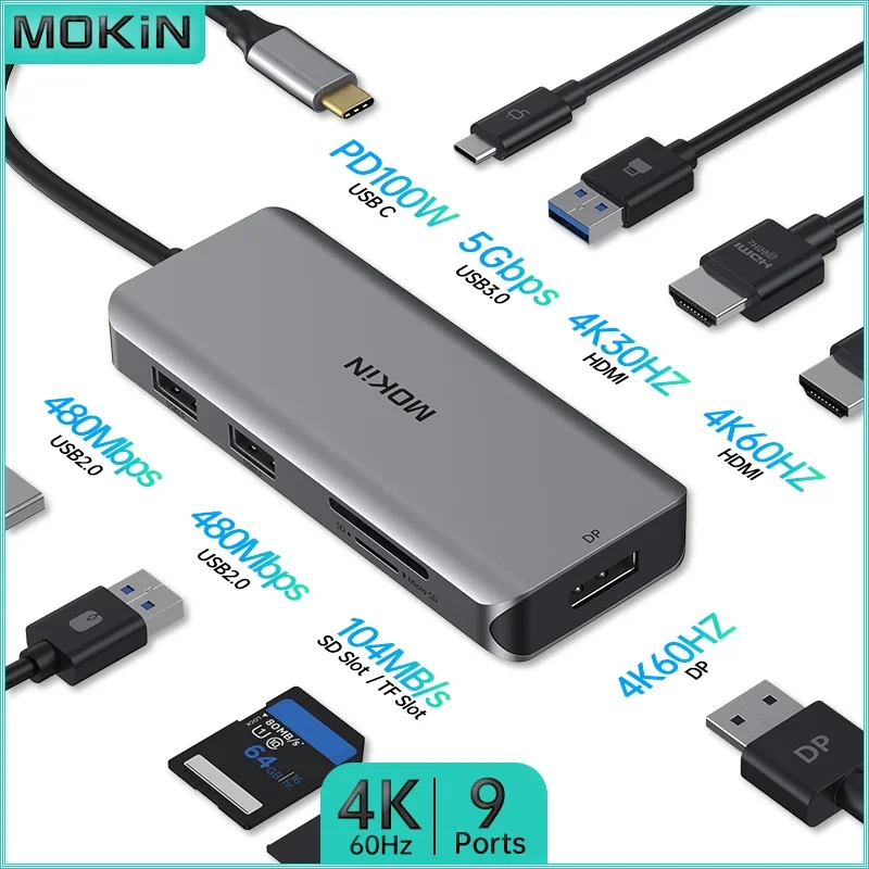 

MOKiN USB Hub Docking Station for MacBook Air Pro Thunderbolt Laptops USB C HUB to Dual HDMI 4K,USB3.0,USB2.0,PD 100W,SD/TF,DP