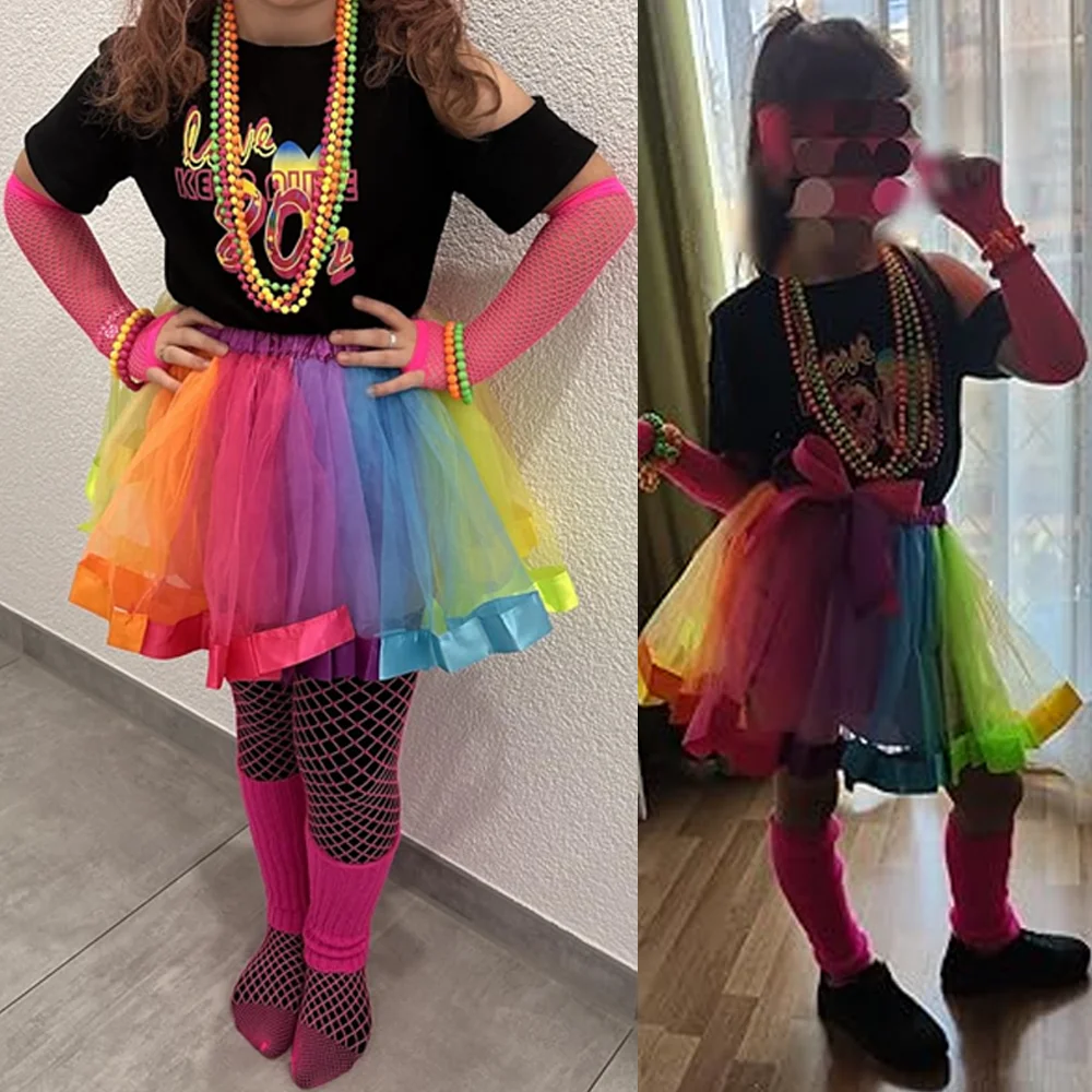 80s Costume Cosplay Kids Girl T-Shirt Rainbow Tutu Skirt Neon Accessories Glasses Halloween Carnival Themed Party Disco Disguise - view 2