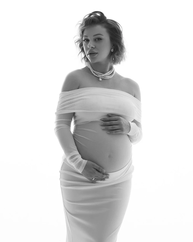 White Off Shoulder Maternity Dress Photoshoot Boutique Long Sleeve Bodycon Maxi Gown Elegant Pregnancy Outfit Baby Shower