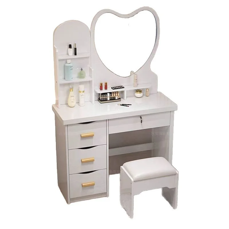 #Modern Simple Bedroom Multi-Functional Makeup Vanity LED Light Wood Panel Dressing Case with Standing Mirror for School Storage