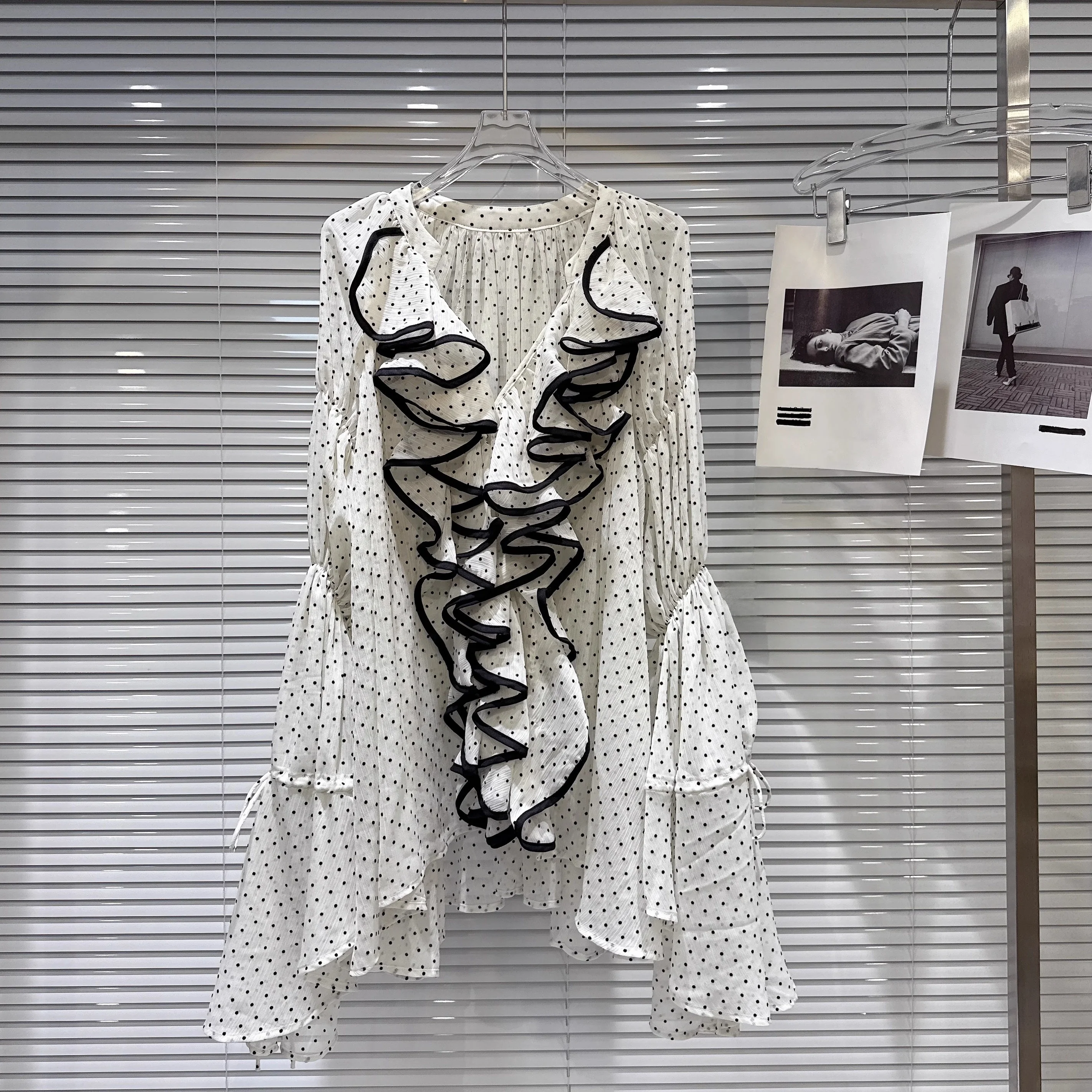 

French Sle Long Sve V-Ne Polka Dot Chiffon Blouse Women's Breathable Lightweight Spring Summer Autumn Faion Trend