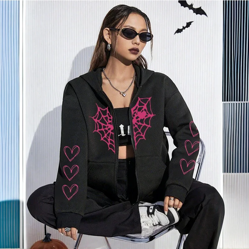 Damska bluza z kapturem na zamek, z nadrukiem serca z pajęczyny, miejska, codzienna moda, płaszcz z kapturem, jesień-zima 2025, urocza, luźna kurtka.