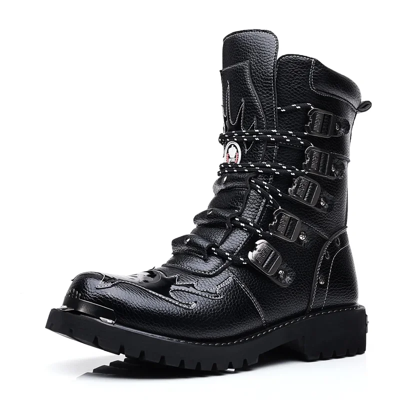 Men Boots Motorcycle Fashion Mid-Calf Punk Rock Punk PU Leather Black High Top Mens Casual Boot Steel Toe Shoes Big Size 39-46