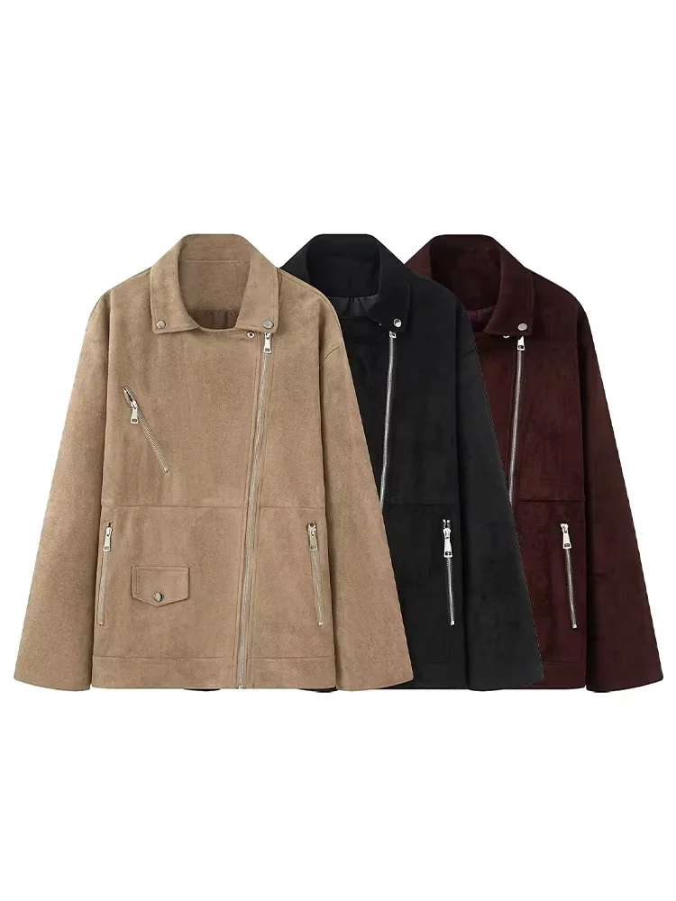 HH المرأة 2025 الخريف موضة جديدة الجلد المدبوغ الملمس تأثير دراجة نارية معطف الإناث شارع العليا عادية سستة جيب سترة Mujer