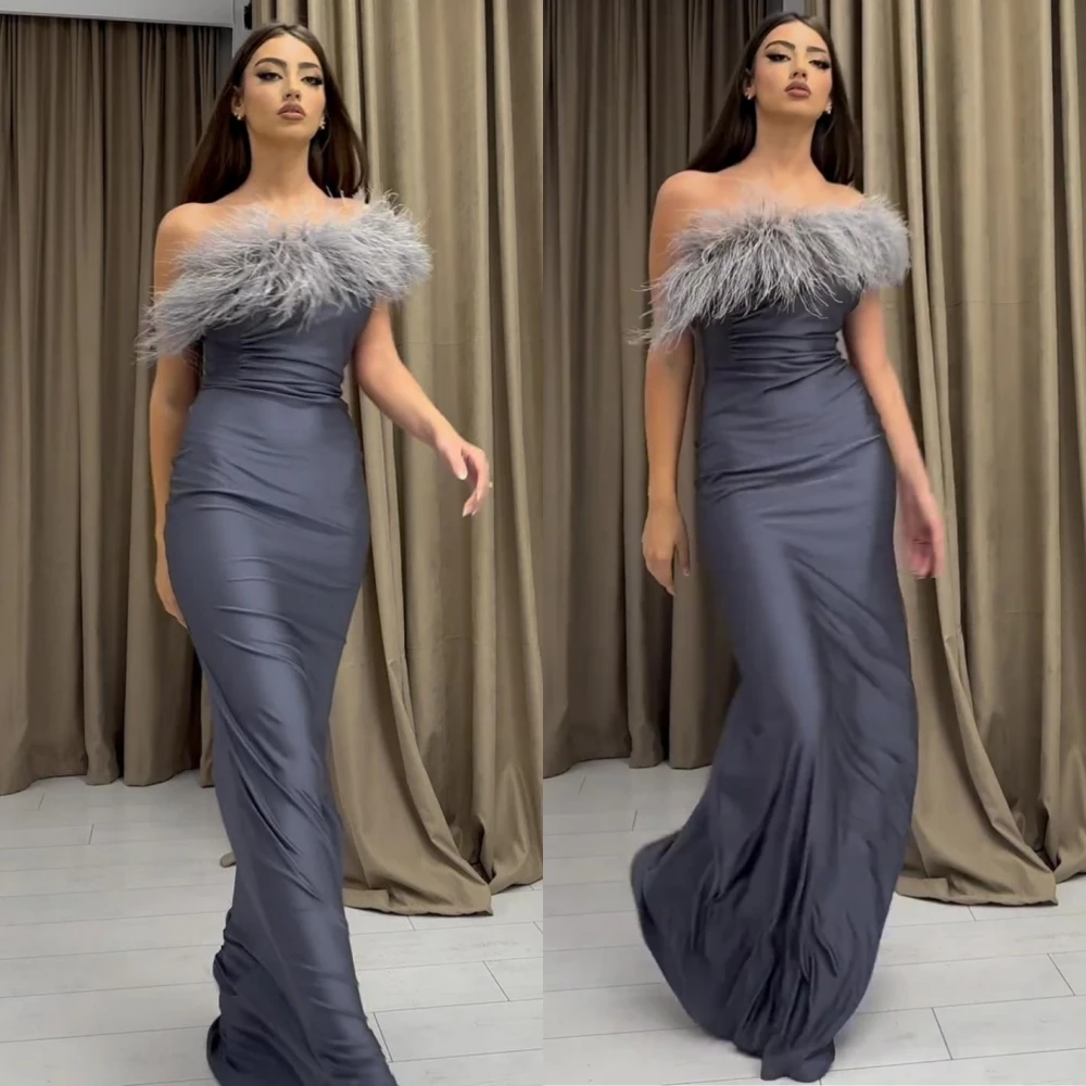 

Simple Strapless Mermaid Sweep/Brush Evening Dresses Feathers Satin Formal Occasion Gown vestidos para mujer elegantes y bonitos