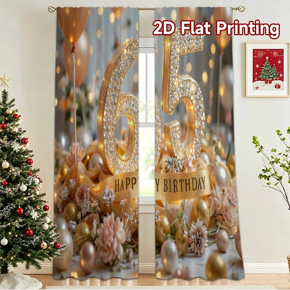 2D flat 2pcs Curtain Modern Minimalist Style Birthday Gold 65 Celebration Digitally printed polyester, colorfast Party