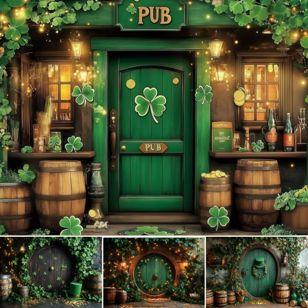 Happy St. Patrick’s Day Background Photo Irish Pub Shamrocks Wood Barrel Adult Party Booth Studio Photography Backdrop Props