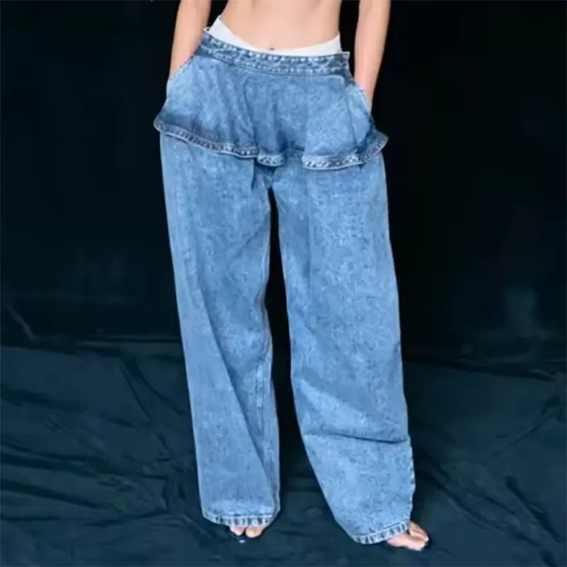 Women's jeans 2025 vintage washed waistband straight leg pants High quality pure cotton women's pants Denim pants y2k trousers