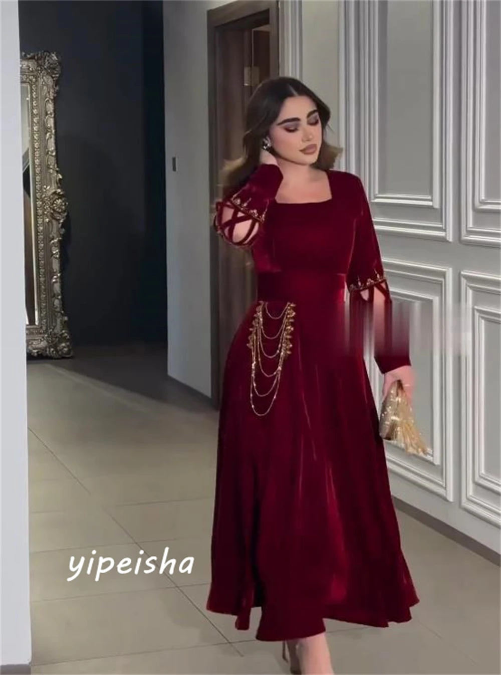 Customized Women Prom Available Square A-line Formal Ocassion Gown Tassel Draped Anke length Satin Evening Dress فساتين quincean