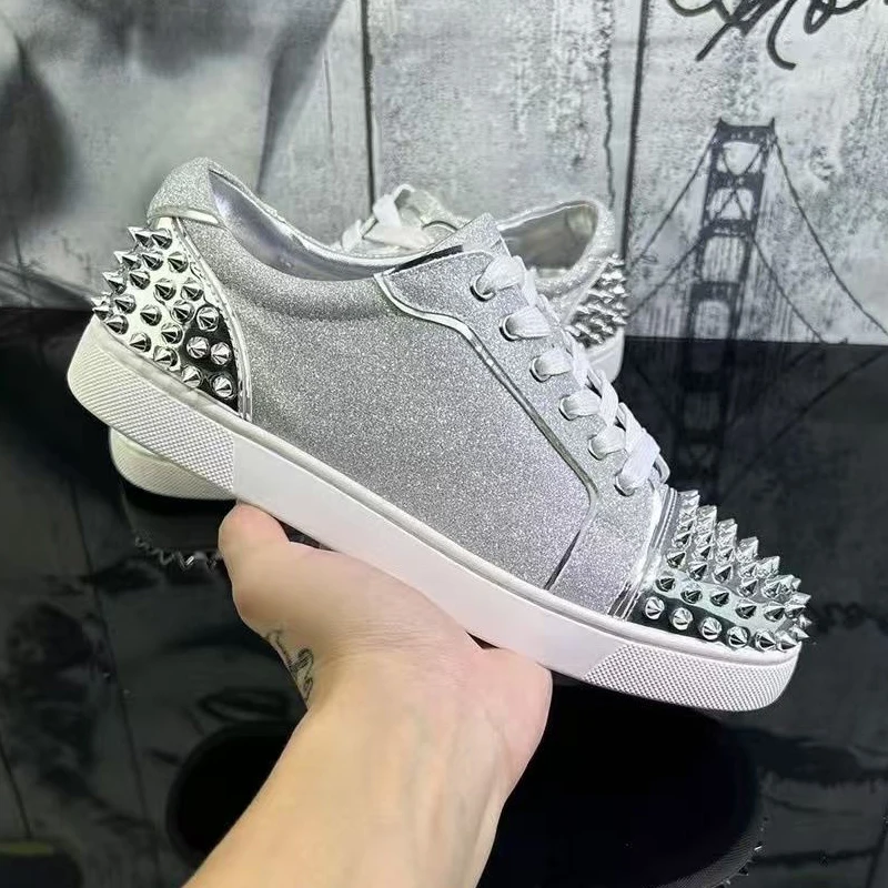 men luxury fashion hip hop rock rivets shoes lace-up studded shoe silver designer spikes flats sneakers personality footwear man