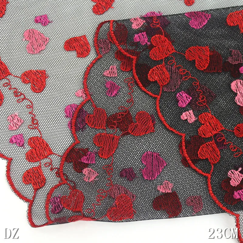 23CM Wide Tulle Black Red Embroidery Heart-shape Mesh Lace Fabric for Fringed Party Wedding Dress Curtains Decor Sewing Supplies