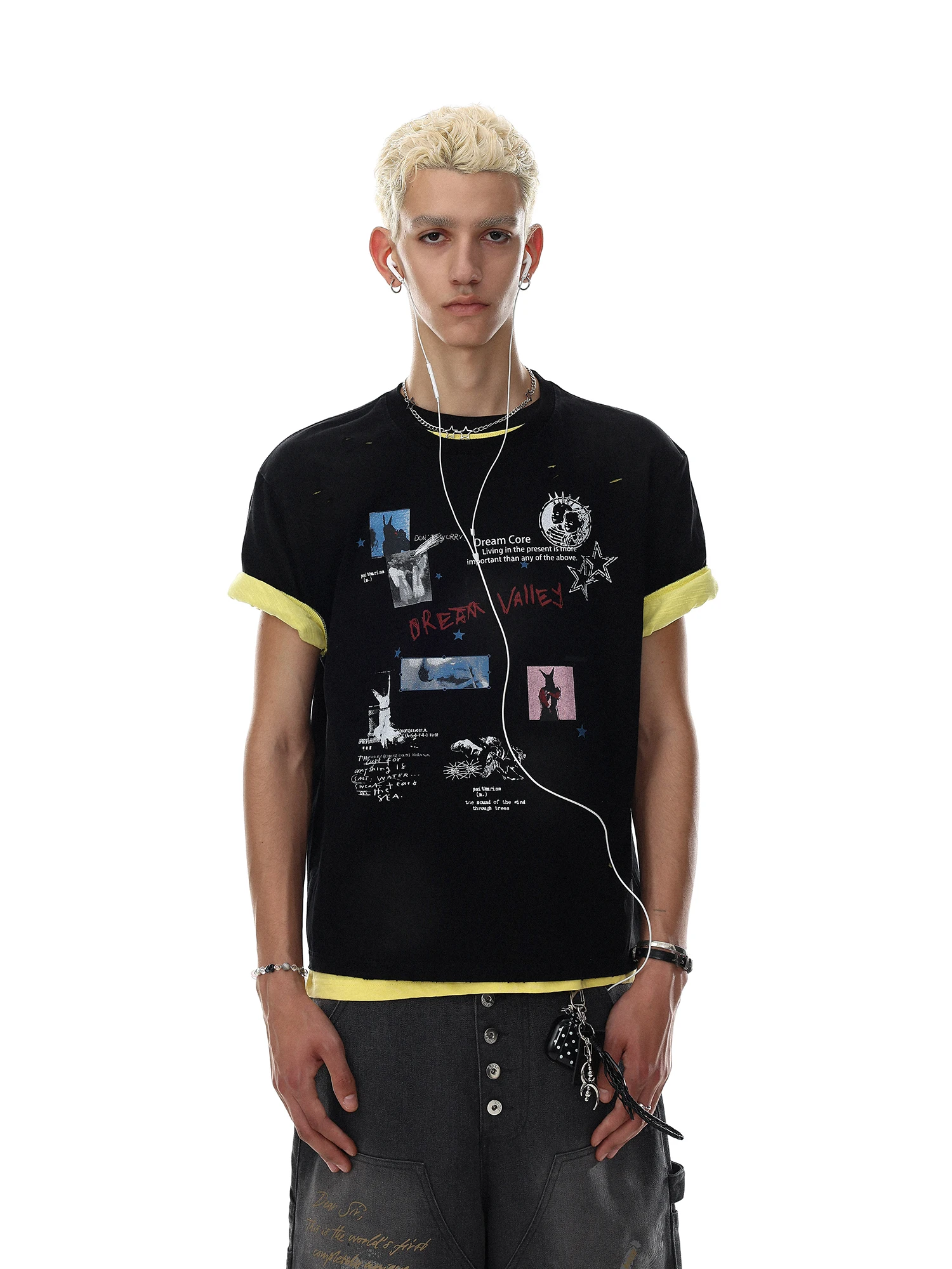 Loose Fit American Retro Creative Print Short Sleeve T-Shirt Men Summer High Street Style Cool Top round Neck Cotton Tee