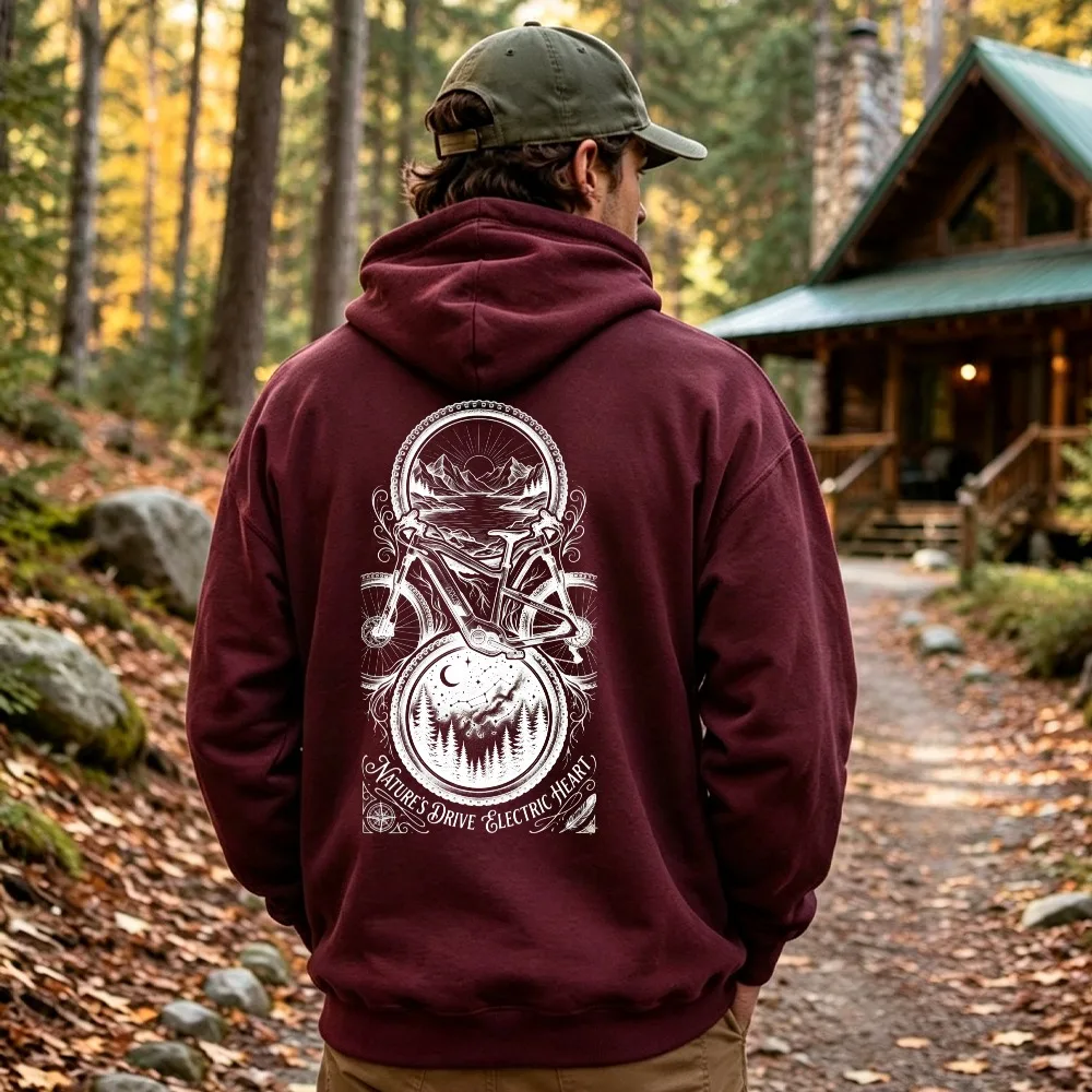 MTB Bicycle Mountain Forest Moon Ornate Line Art Graphic Hoodie Nature's Own Electric Heart Quote Print Sweatshirt Casual Tops