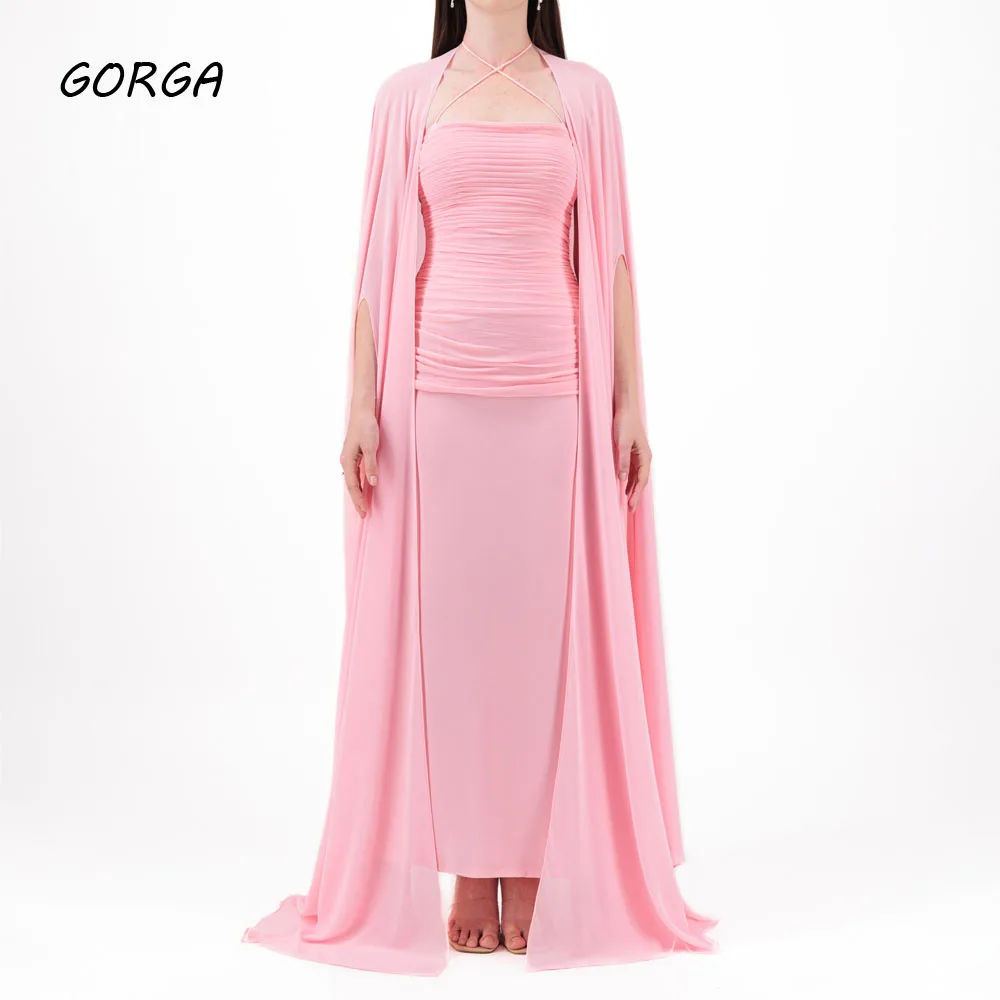 

GORGA Simple Pink Chiffon Mermaid Evening Dresses with Cape Strapless Formal Prom Dress Arabian Dubai Evening Party Gowns 2024