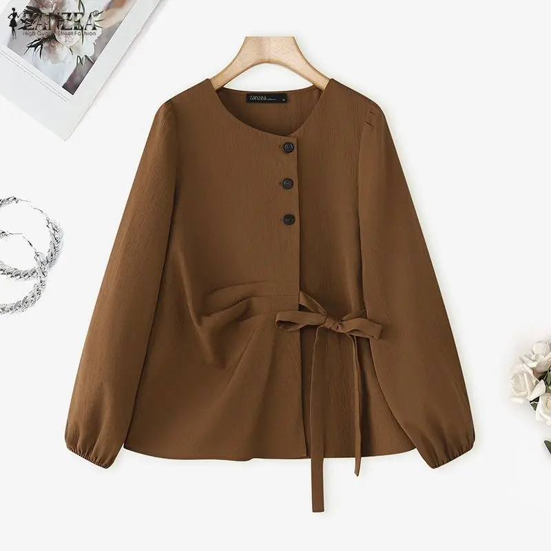 Zanzea camisas elegantes femininas manga longa moda botões blusa de cor sólida primavera bandagem escritório streetwear blusas topos 2026
