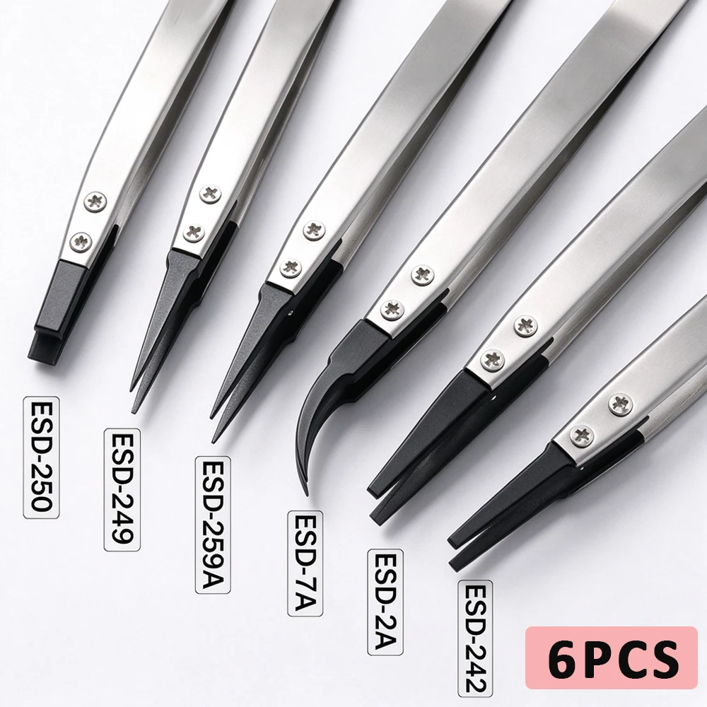 6PCS Precision ESD Tweezers Electronics Repair Straight Elbow Handle Stainless Antistatic Plastic Tweezers Jewelry Making correa