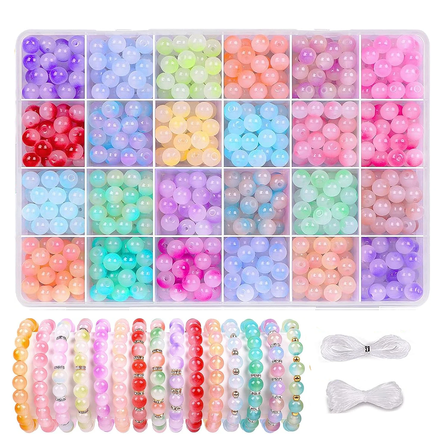 8mm Glass Beads for Jewelry Making 24 Colors Glass Crystal Beads for Bracelets, Round Glass Beads Friendship Bracelet Making Kit