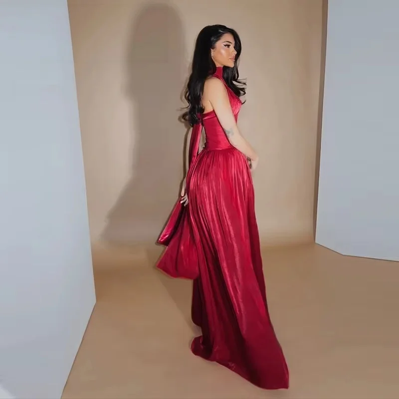 Women Halter Satin Evening Dresses Burgundy Sleeveless Pleated Long Prom Gown Formal Party Wedding Guest Dresses