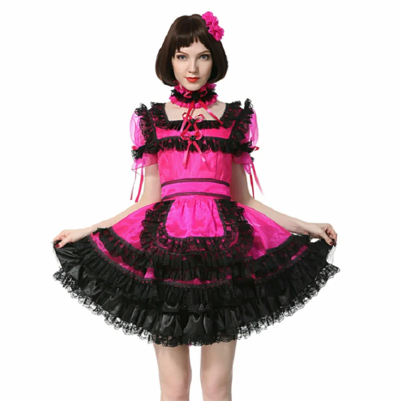 

Hot selling sissy girl maid square cut neckline rose magenta shiny satin dress cross dress