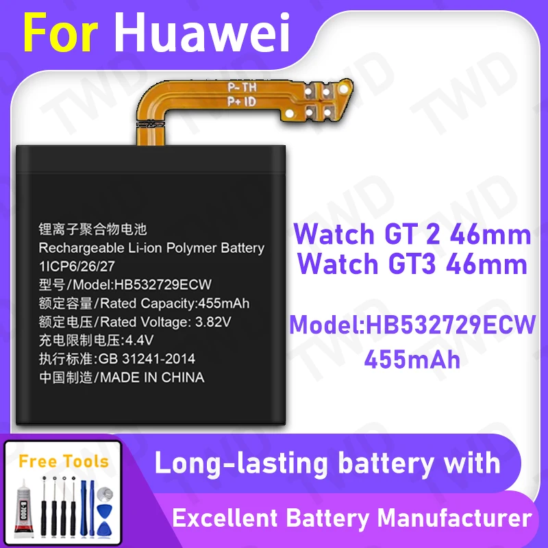 

High Quality 455mAh HB532729ECW Battery For Huawei Watch GT 2 46mm GT 3 46mm Long Lasting Power +Free Tools
