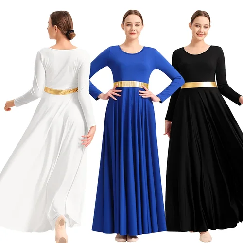 Imagen 2 del producto Vestido de danza litúrgica lírica moderna para mujer, manga larga, corte holgado, adoración de la iglesia, vestido de alabanza, empalme metálico, corte libre