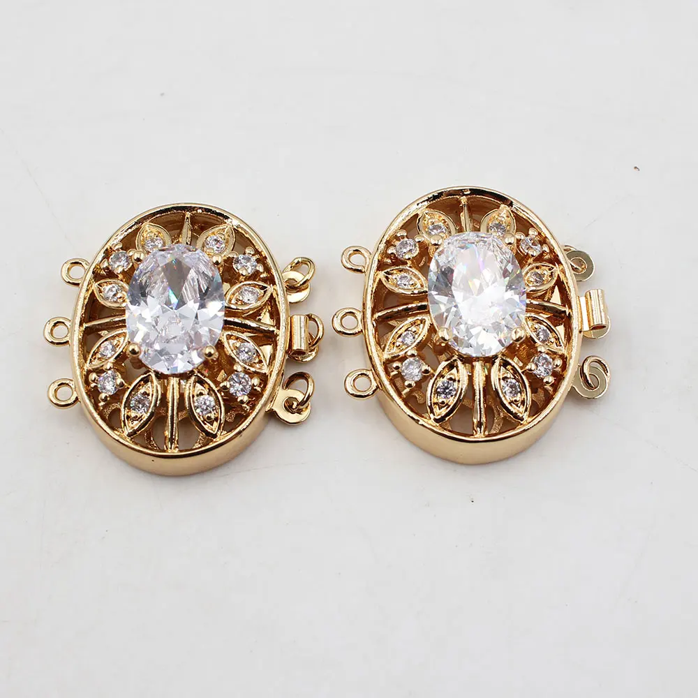 

APDGG No069 2 Pcs 3 Strands Copper Oval Shape Crystal Paved Clasps Necklace Jewelry making accessories