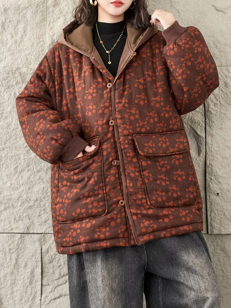 Mass Wasss 2025, Winter, warme, florale Baumwollmäntel, Damen, bedruckt, übergroße Parkas mit Kapuze, Damen, verdickt, Vintage-Punk, gepolsterte Jacke