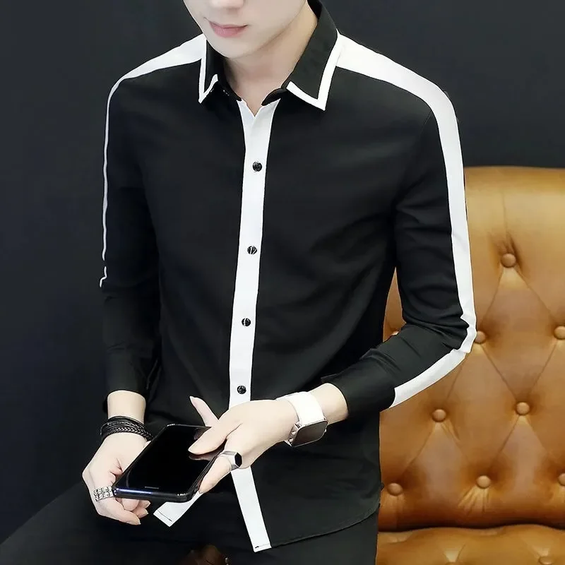 

Men's Slim Fit Black and White Color Block Long Sleeve Shirt Casual Business Formal Shirt