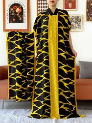 Latest Cotton Abaya Dress Short SleeveLoose Dress With Big Scarf Mulism Lady's Casual Floral Boubou Maxi Islam Women Clothing