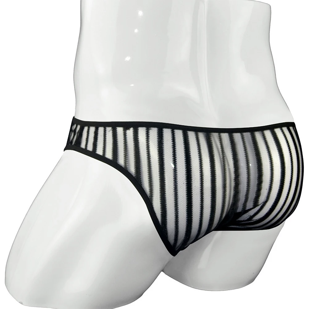 Sexy Mens Black Striped Briefs Underwear Mesh Sheer See-through Pouch Bikini Thong Panties Breathable Quick-Drying Underpants