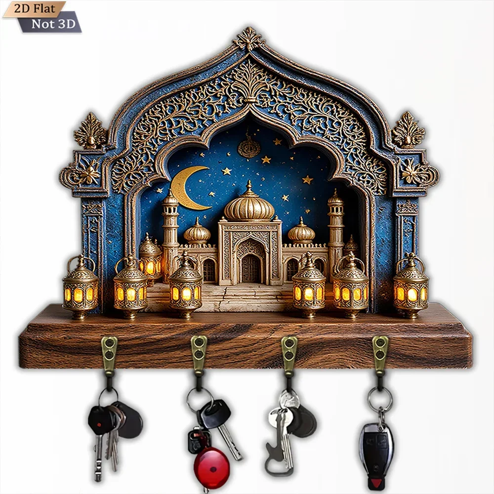 2D Flat Vintage Islamic Architecture Style Key Hook, 1-Pack, Wooden Multi-Functional Home Door Key Hook with Four Metal Hooks,