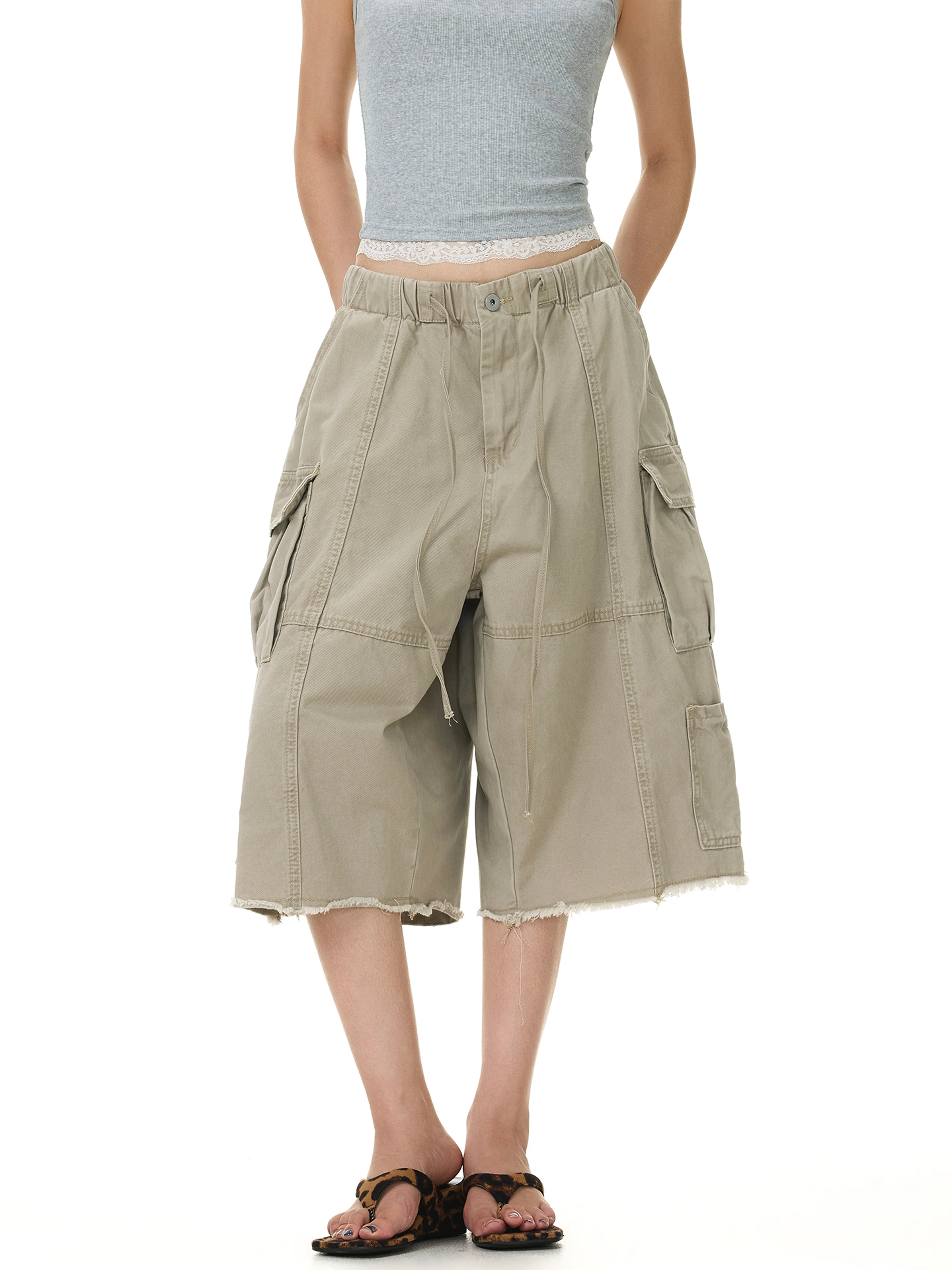 American Style Multi-Pocket Ripped Hem Elastic Waist Loose Casual Wide Leg Work Shorts for Men And Women Vintage Seven-Foot P...