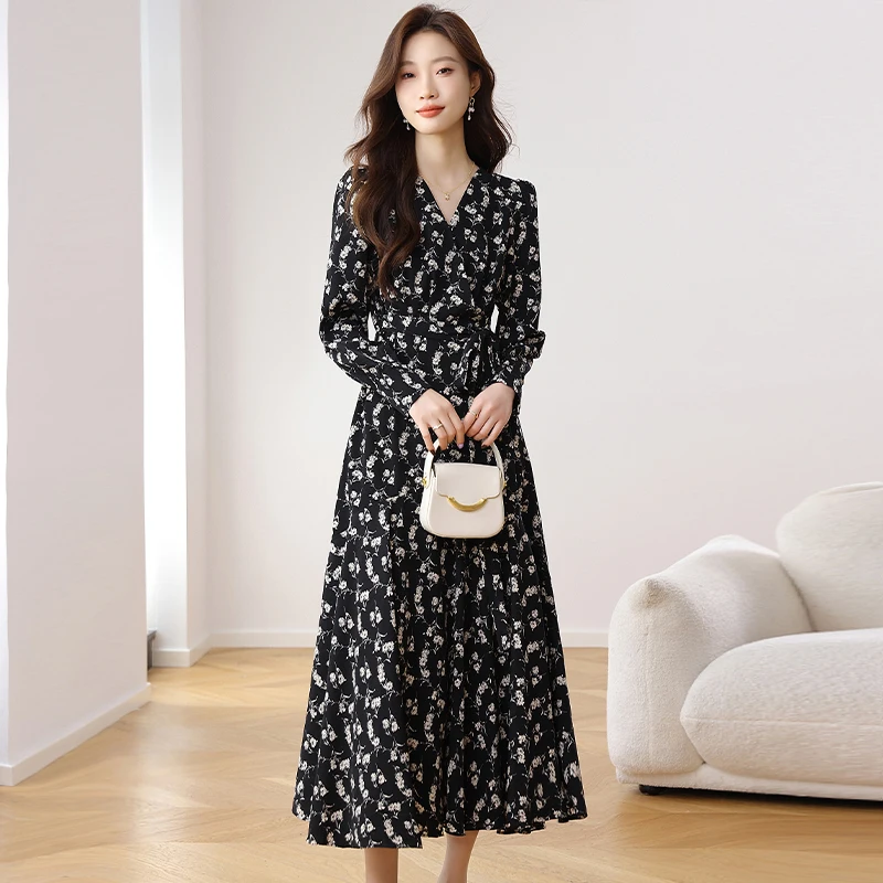 Commuter casual fishtail V-neck long floral dress women Spring and Autumn new long-sleeved cover up thin bottoming ankle dresses