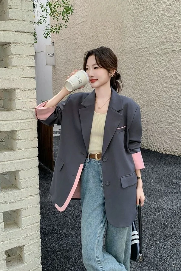 Insozkdg سترة بدلة متباينة على الموضة باللون الرمادي للنساء للربيع والخريف سترات جديدة فضفاضة غير رسمية للسيدات