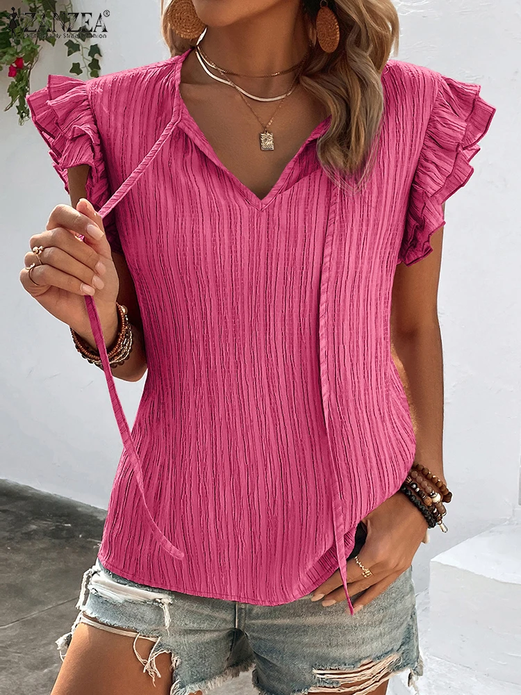 Women Summer Blouse Casual Loose Hollow Out Shirts ZANZEA Fashion Ruffled Short Sleeve Tops Vintage Office Textured Fabric Blusa